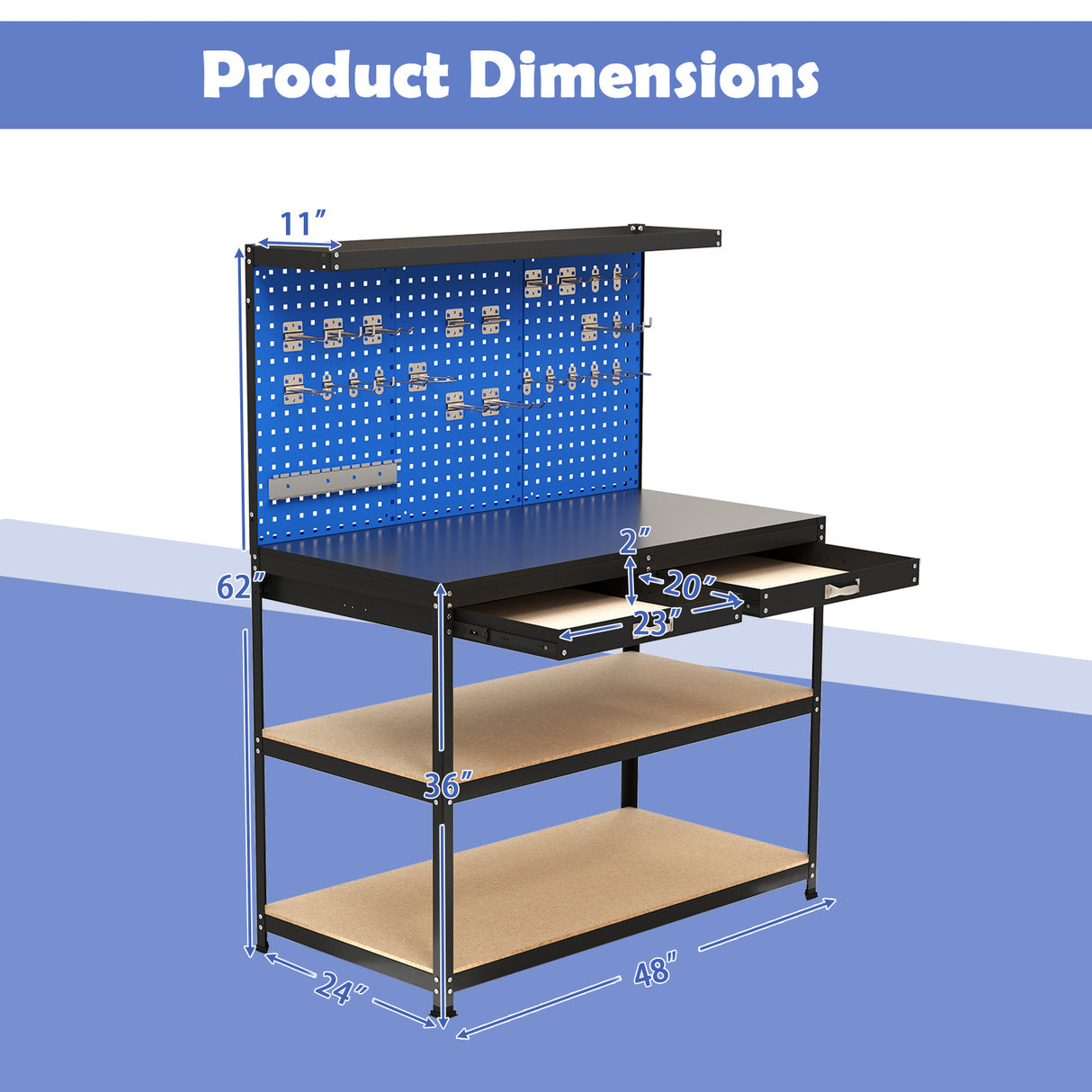 48 x 24 Inch Workbench Work Table with 3 PCs Pegboard Drawer and Shelves
