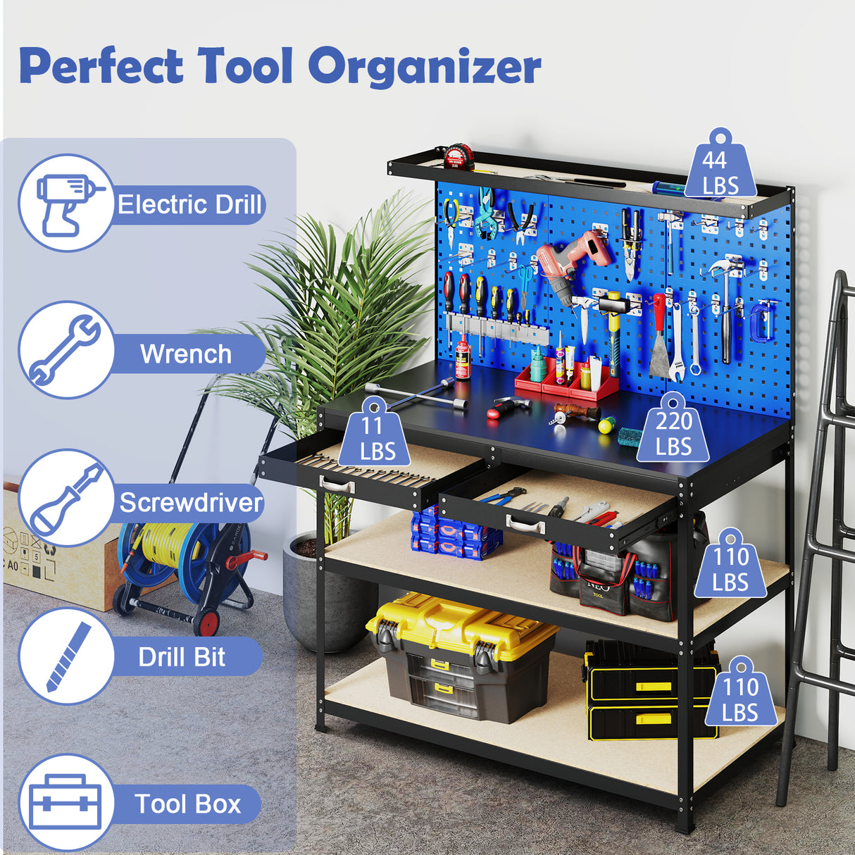 48 x 24 Inch Workbench Work Table with 3 PCs Pegboard Drawer and Shelves