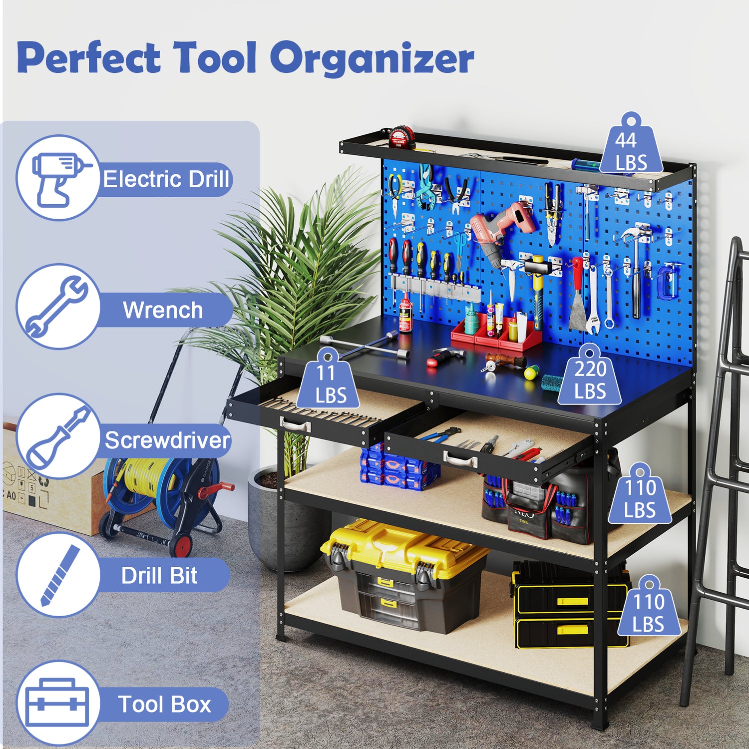 48 x 24 Inch Workbench Work Table with 3 PCs Pegboard Drawer and Shelves
