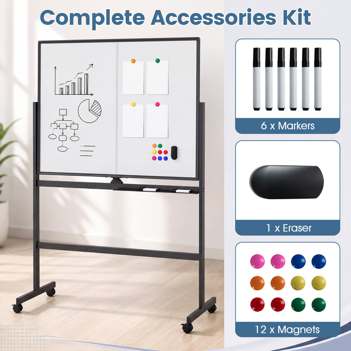 48" x 36" Double-Sided Mobile White Board with Lockable Universal Wheels for Office