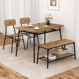 4 Piece Dining Table Set for 4 Metal Frame with Bench and 2 Chairs-Brown