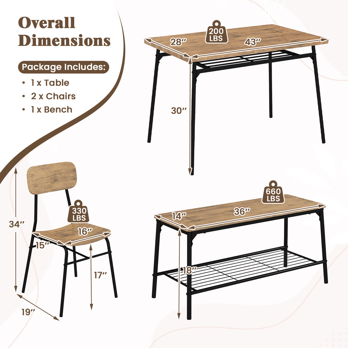 4 Piece Dining Table Set for 4 Metal Frame with Bench and 2 Chairs-Brown