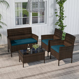 4 Piece Patio Rattan Conversation Set with Cozy Seat Cushions