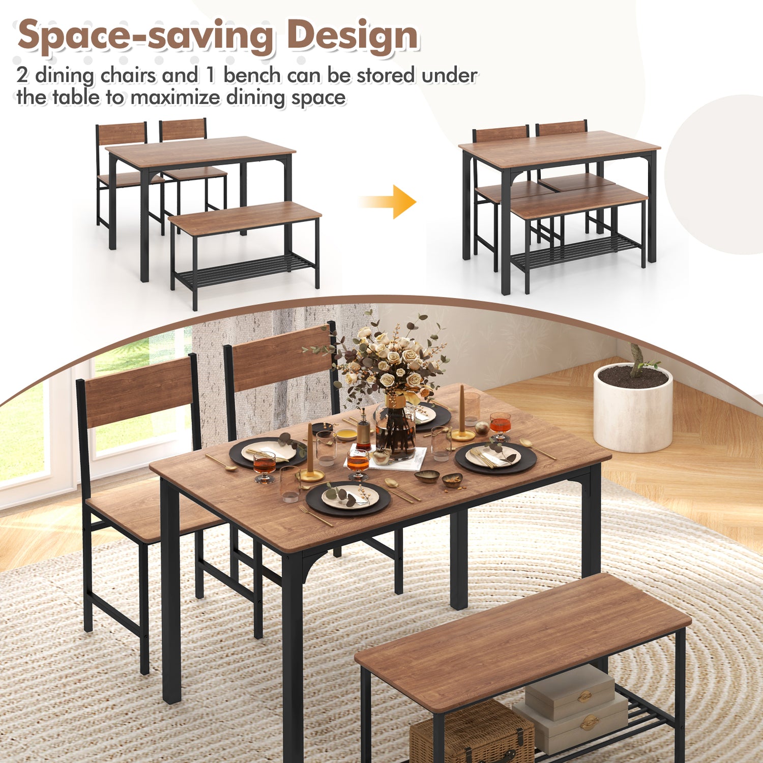 4 Pieces Rustic Dining Table Set with 2 Chairs and Bench