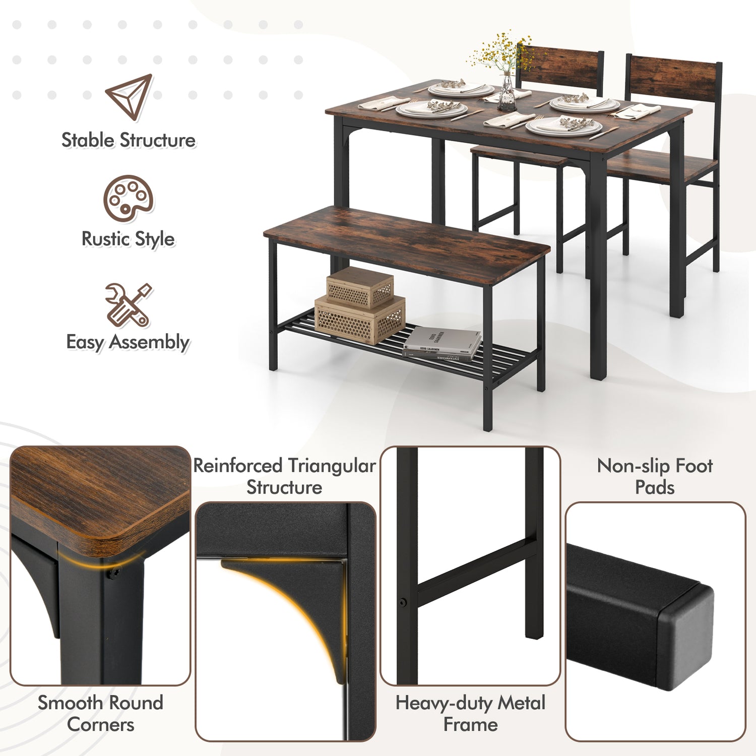 4 Pieces Rustic Dining Table Set with 2 Chairs and Bench