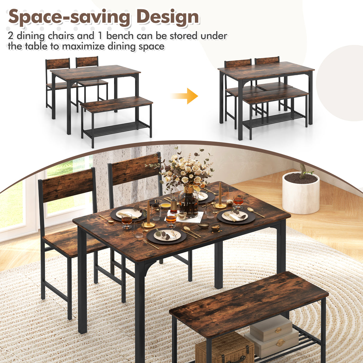 4 Pieces Rustic Dining Table Set with 2 Chairs and Bench