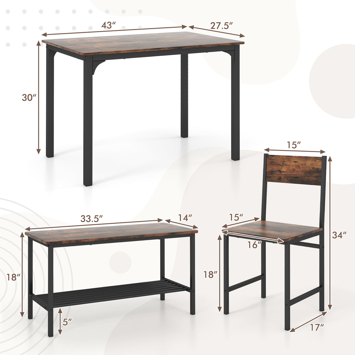 4 Pieces Rustic Dining Table Set with 2 Chairs and Bench