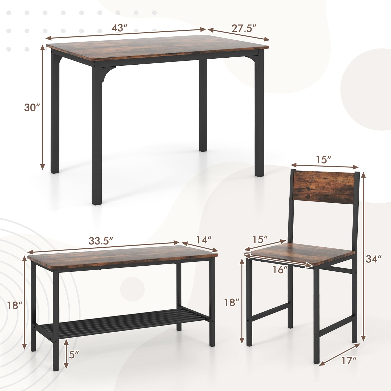 4 Pieces Rustic Dining Table Set with 2 Chairs and Bench