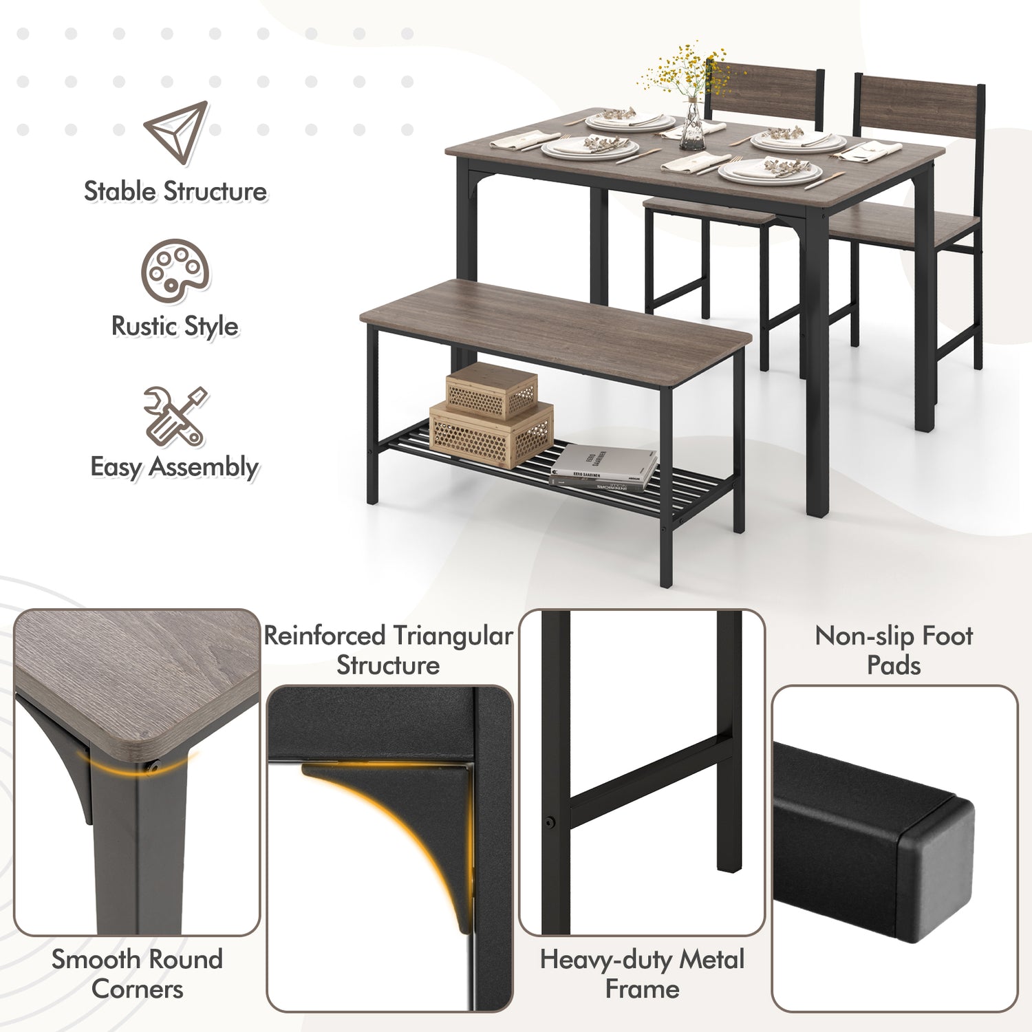 4 Pieces Rustic Dining Table Set with 2 Chairs and Bench