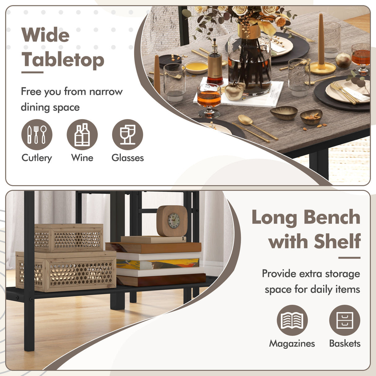 4 Pieces Rustic Dining Table Set with 2 Chairs and Bench