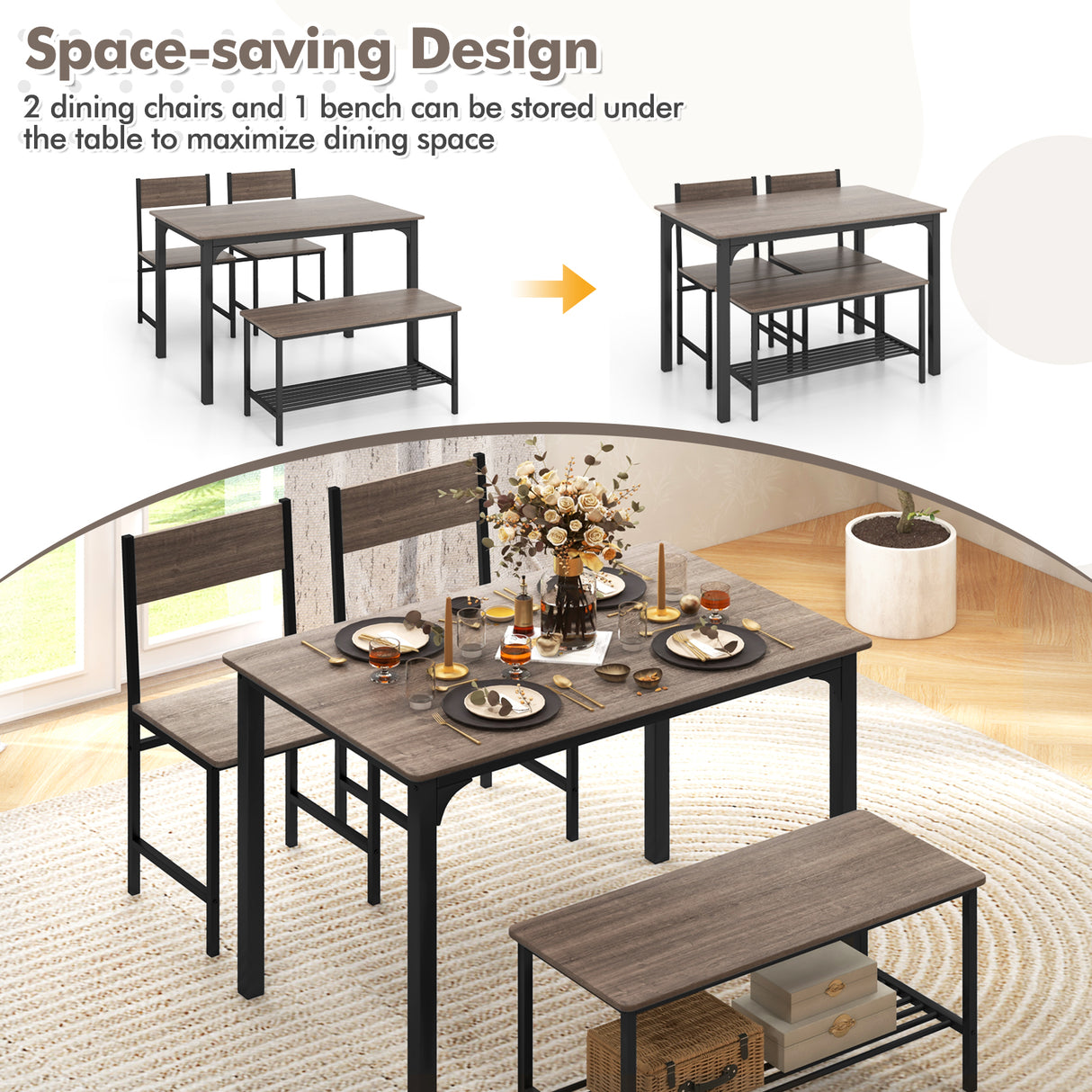 4 Pieces Rustic Dining Table Set with 2 Chairs and Bench