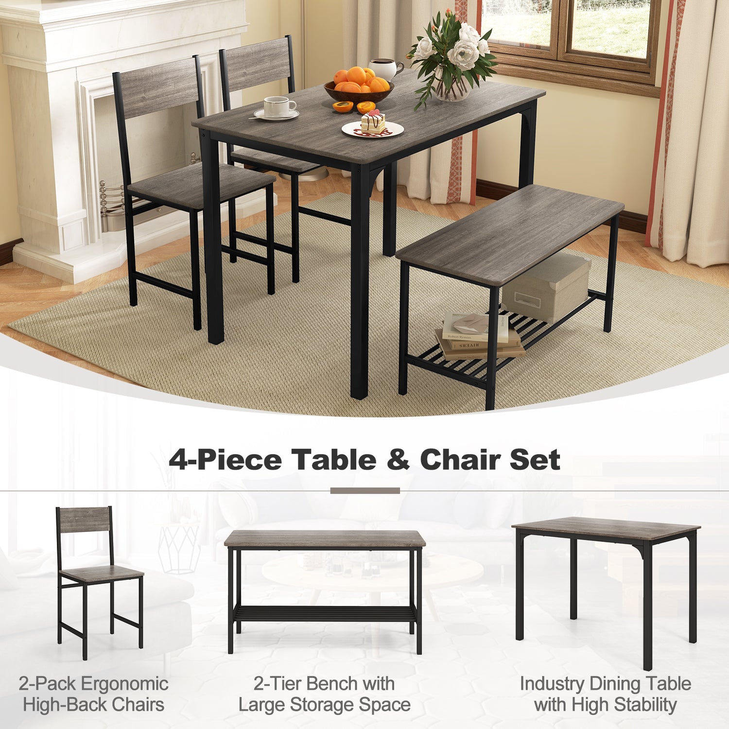 4 Pieces Rustic Dining Table Set with 2 Chairs and Bench