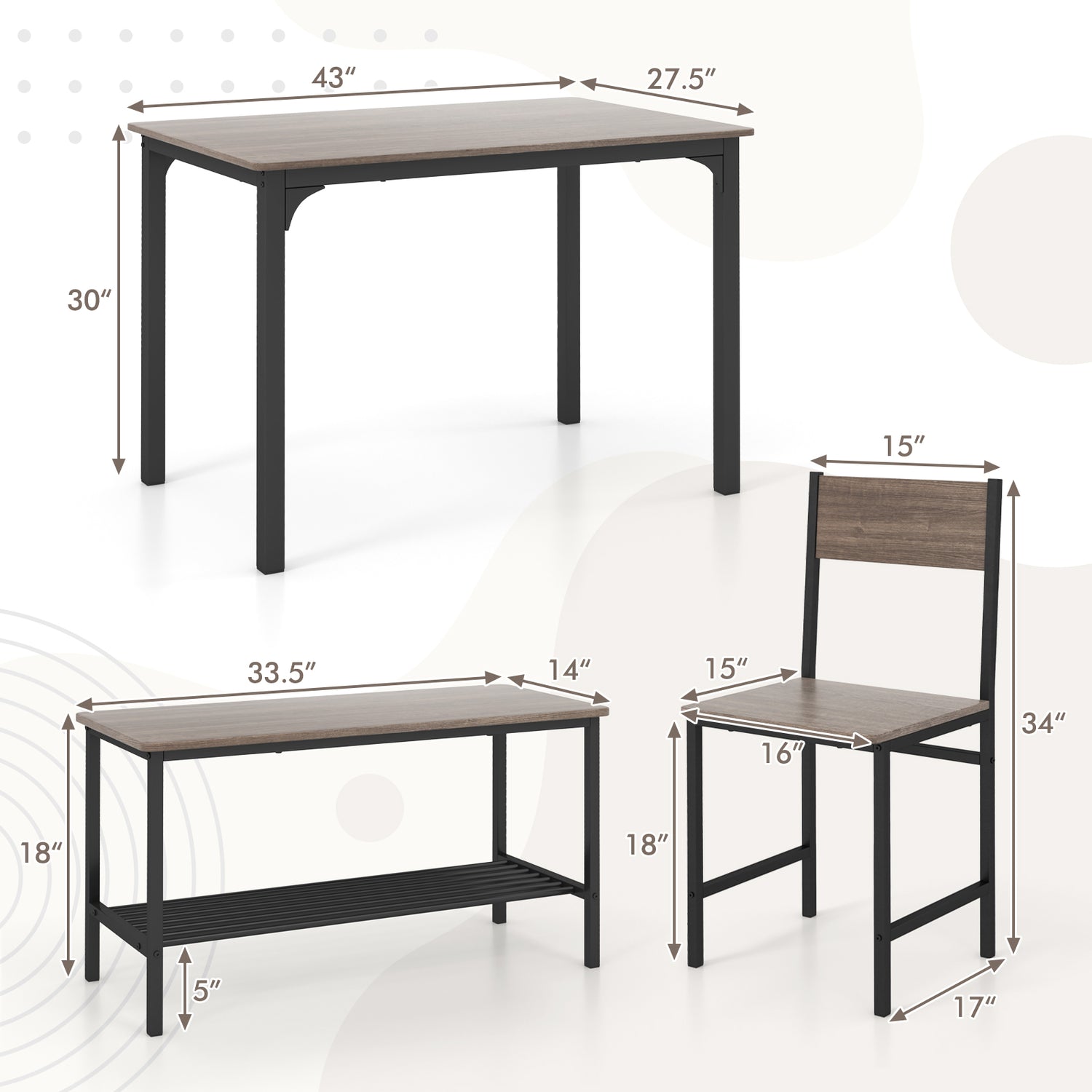 4 Pieces Rustic Dining Table Set with 2 Chairs and Bench