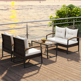 4 Pieces Patio Conversation Set with Acacia Wood Armrests and Tabletop and Cushions-White