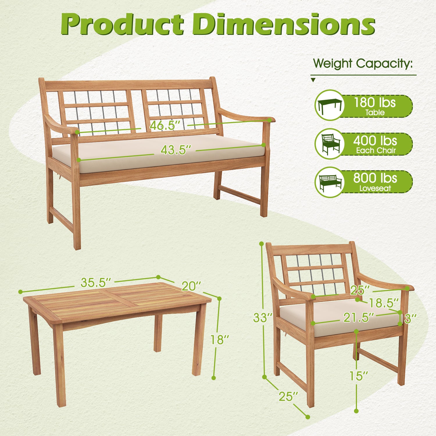 4 Piece Wood Patio Furniture with Armchairs Loveseat and Coffee Table