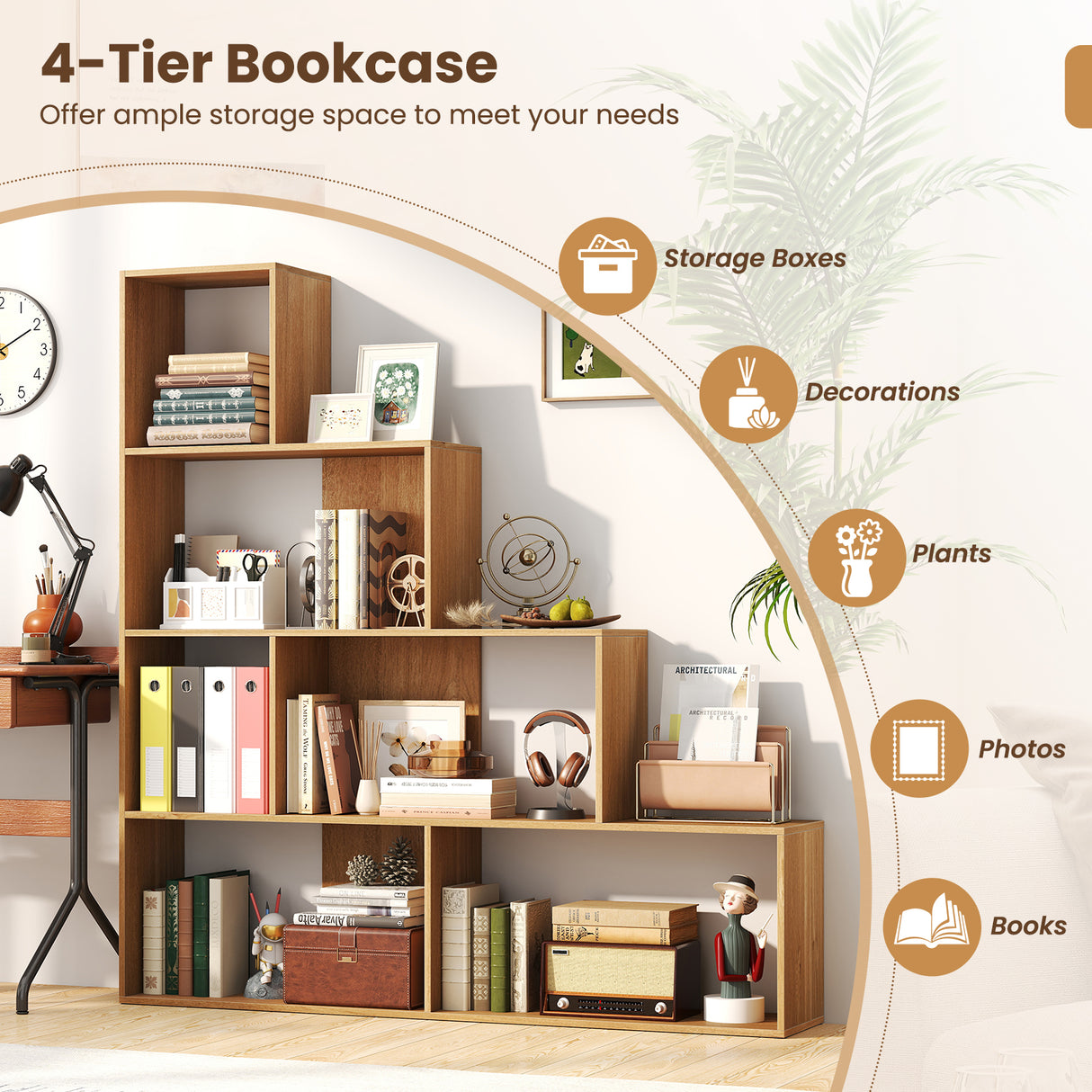 4-Tier Bookshelf Stair Bookcase with 6 Cubes Display Rack