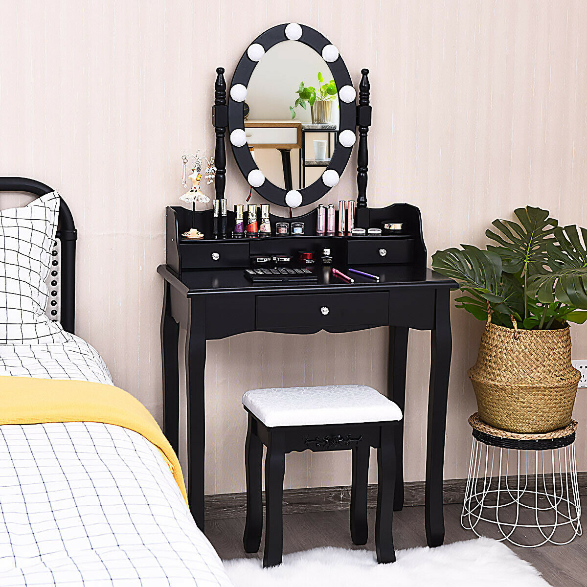 Oval Mirror Vanity Set  with 10 LED Dimmable Bulbs and 3 Drawers