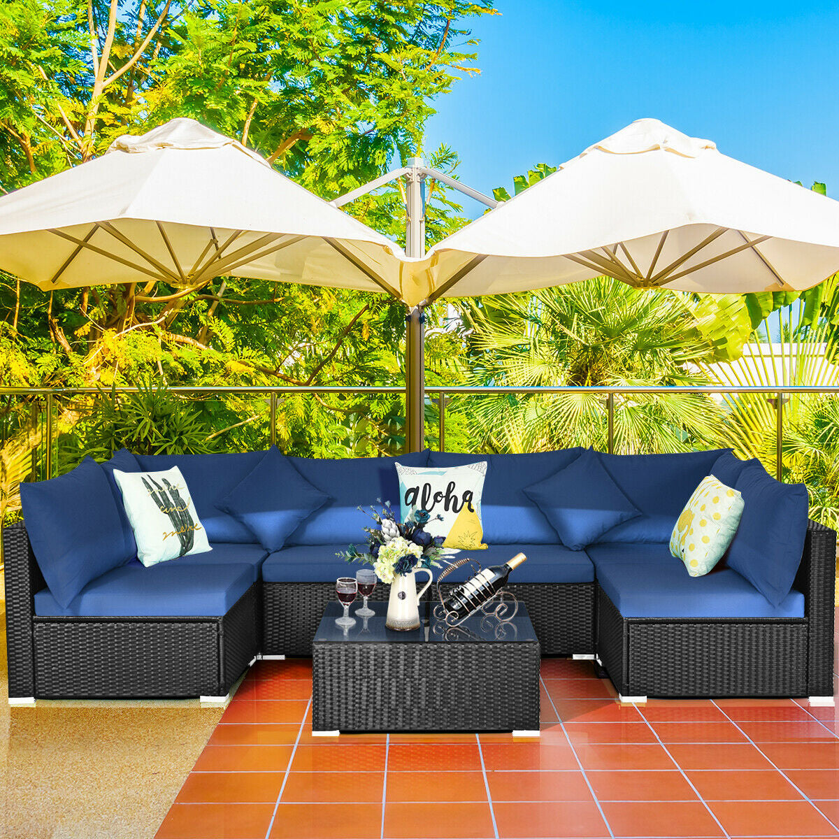 7-Piece Outdoor Sectional Wicker Patio Sofa Set with Tempered Glass Top