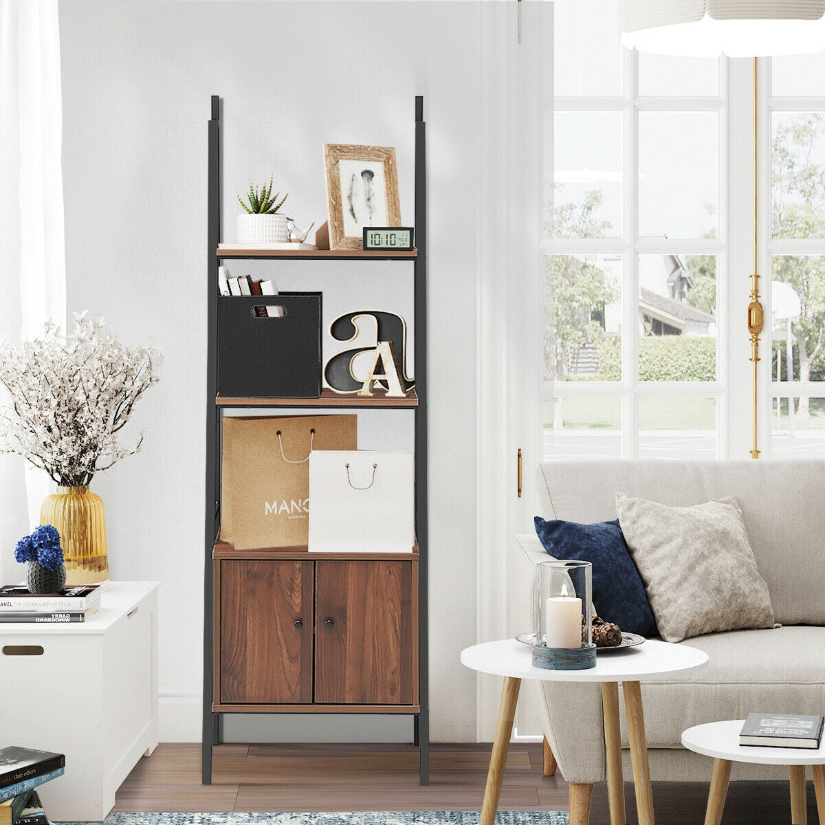 Ladder Shelf 3 Tier Bookcase Metal Frame Bookshelf