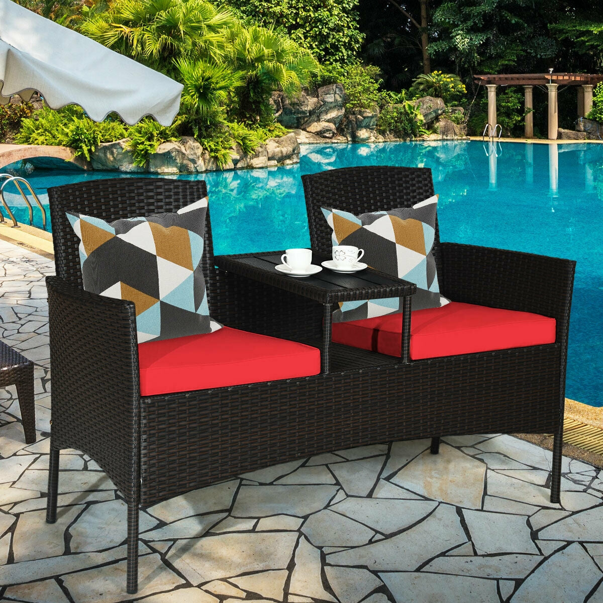 Modern Patio Conversation Set with Built-in Coffee Table and Cushions