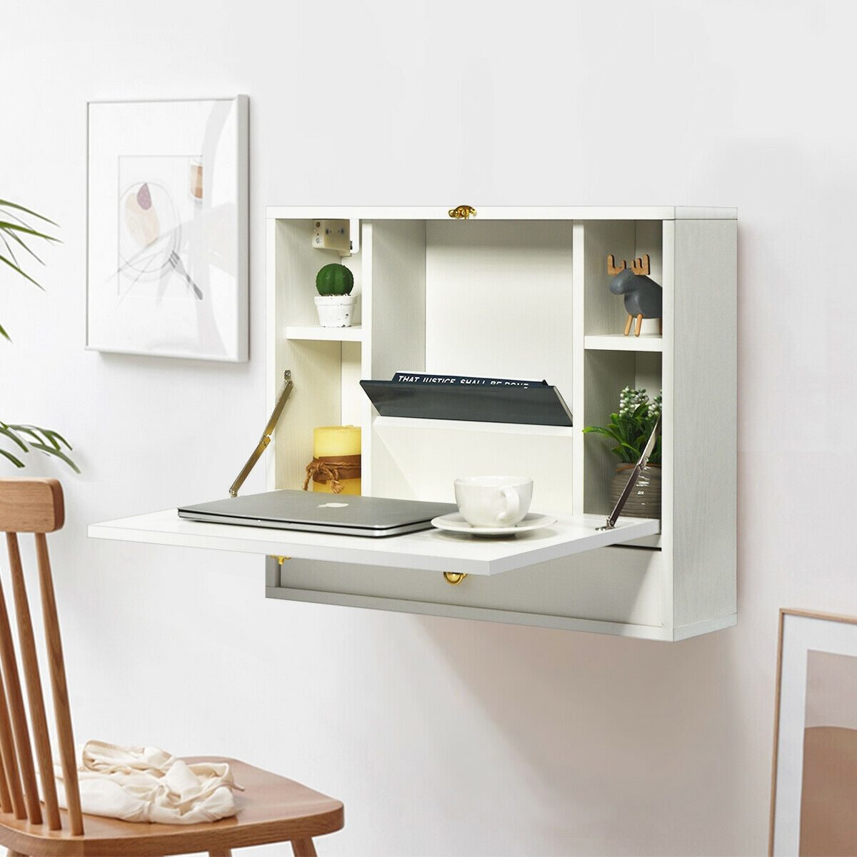 Wall Mounted Folding Laptop Desk Hideaway Organizer Storage-White