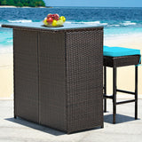 3-piece Rattan Wicker Bar Table Stools Dining Set Cushioned Chairs