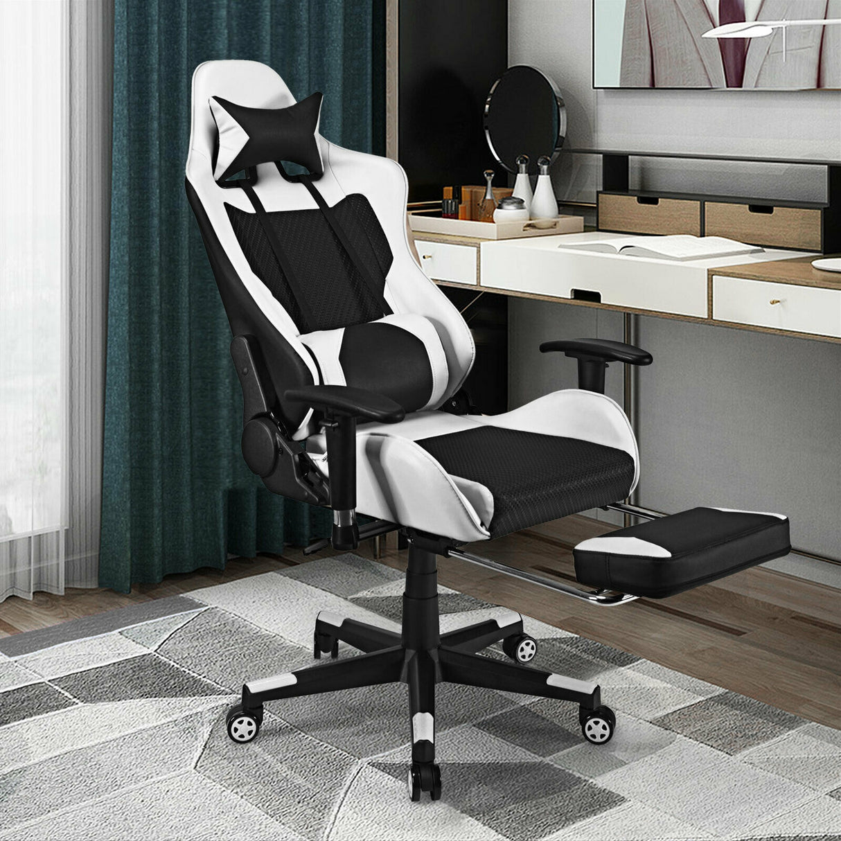 PU Leather Gaming Chair with USB Massage and Lumbar Pillow Footrest