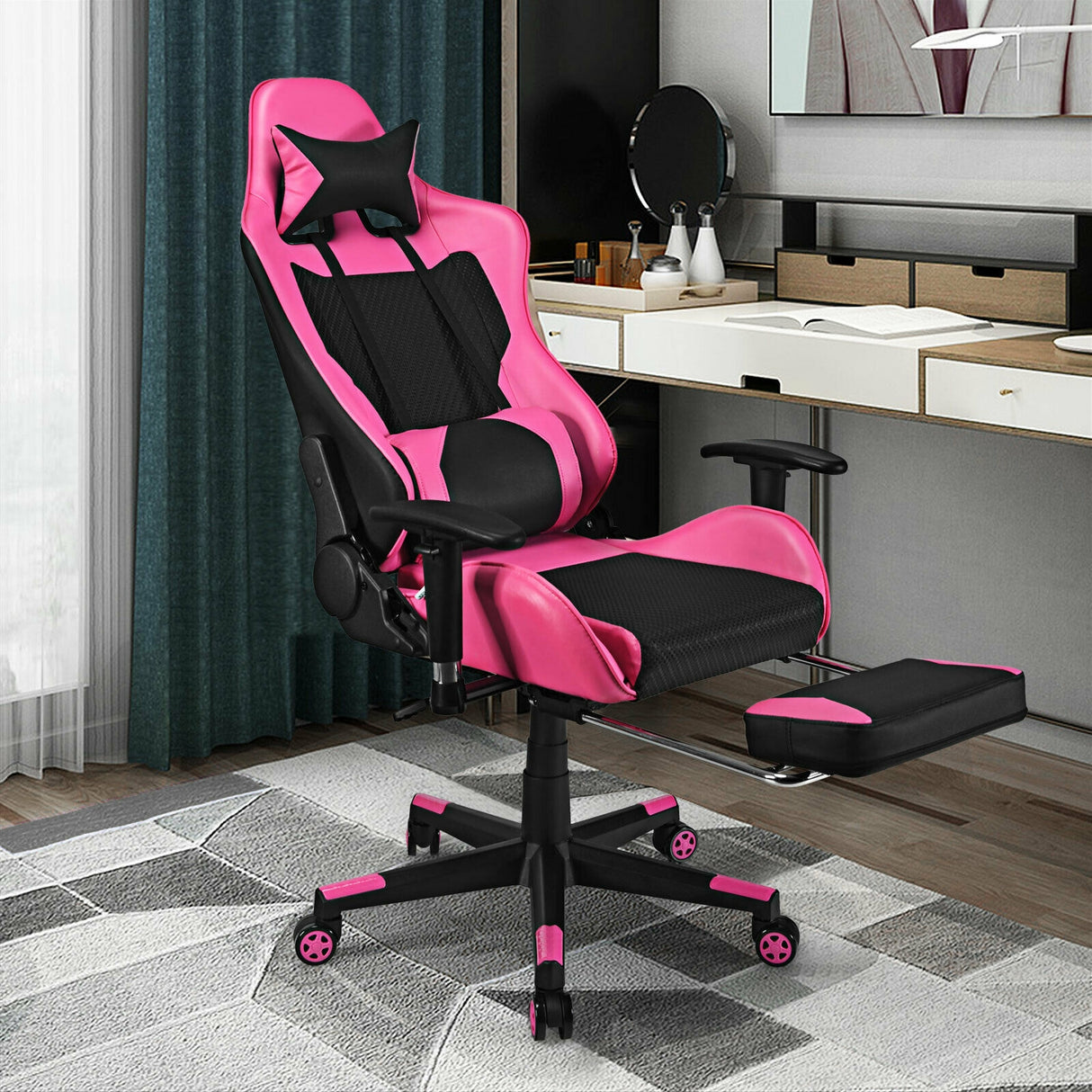 PU Leather Gaming Chair with USB Massage and Lumbar Pillow Footrest