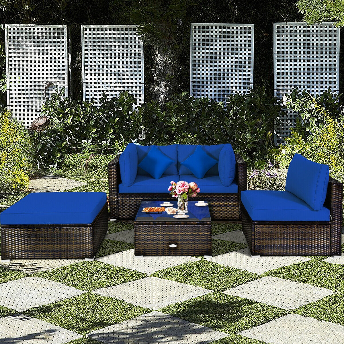 5 Pieces Outdoor Patio Rattan Furniture Set With Cushions