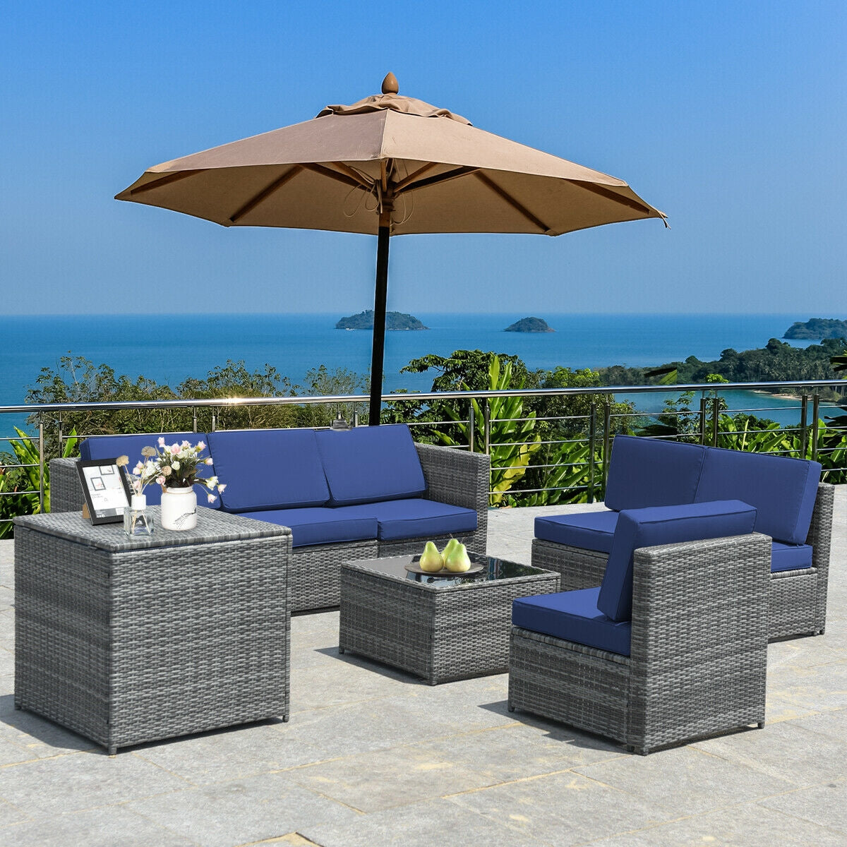 8 Piece Wicker Sofa Rattan Dinning Set Patio Furniture with Storage Table