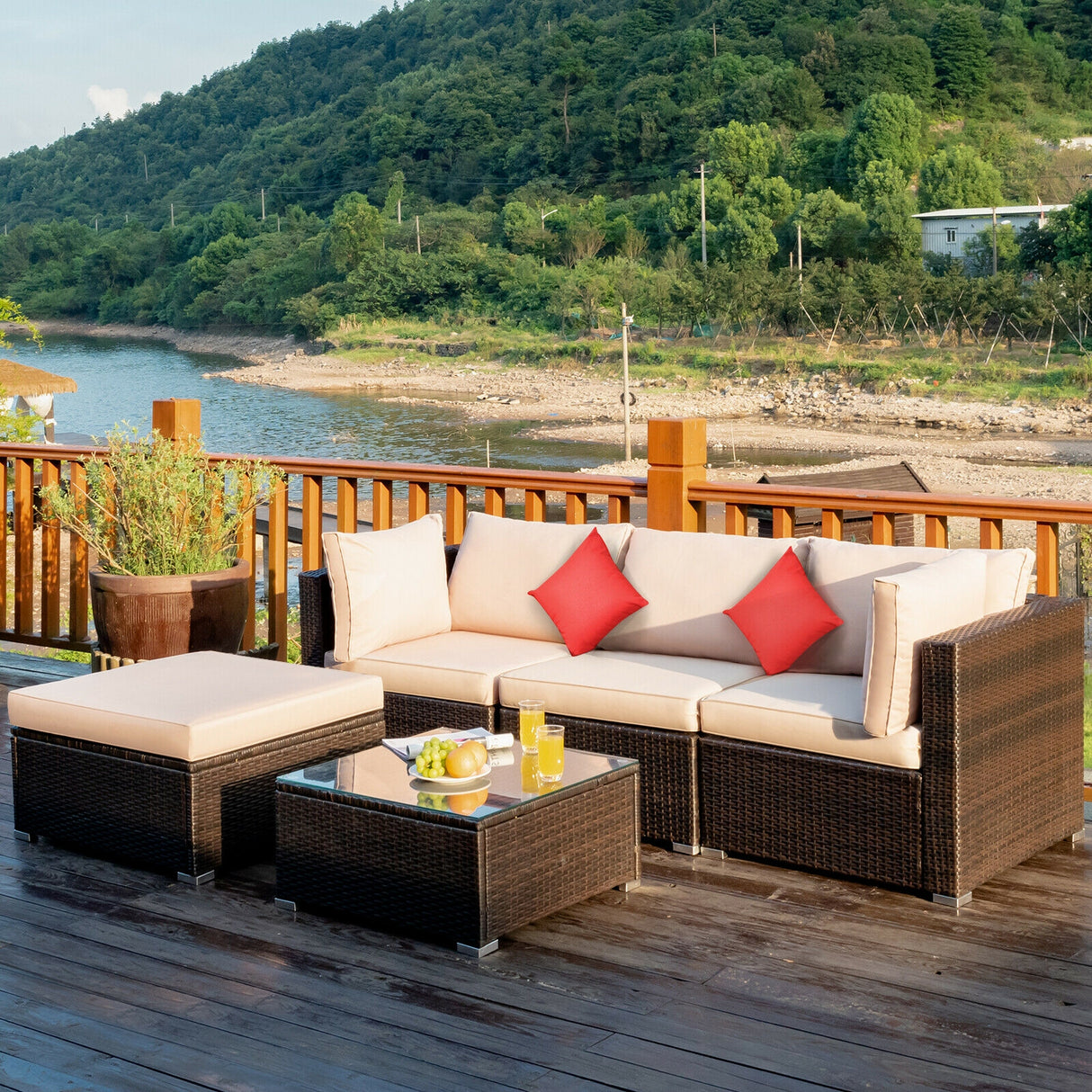 5 Pieces Outdoor Patio Rattan Furniture Set With Cushions