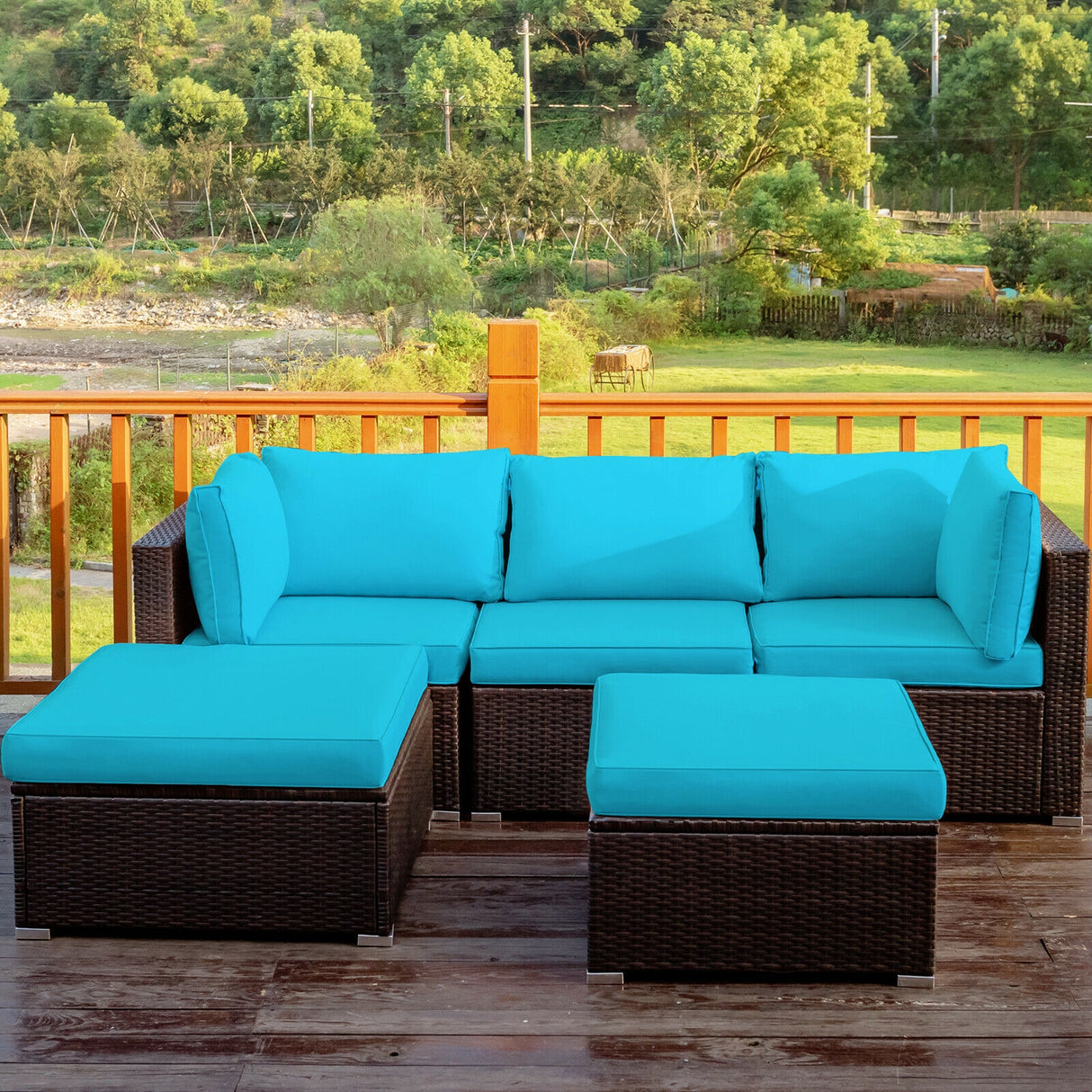 5 Pieces Patio Rattan Sectional Conversation Ottoman Furniture Set