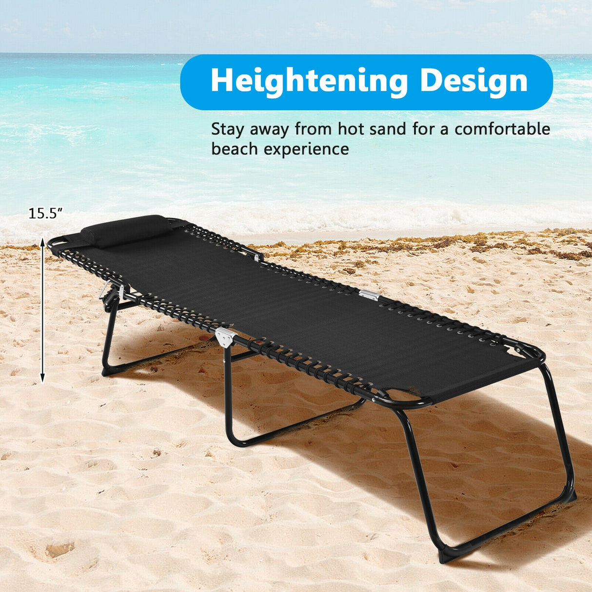 Folding Heightening Design Beach Lounge Chair with Pillow for Patio