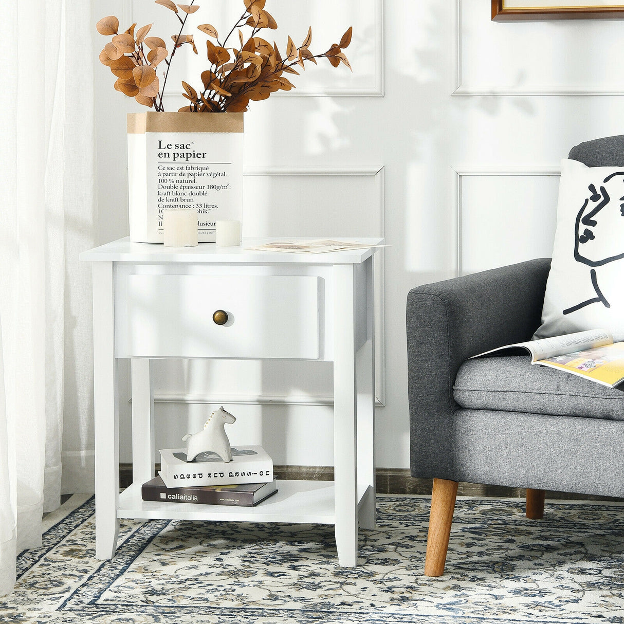 Nightstand with Drawer and Storage Shelf for Bedroom Living Room