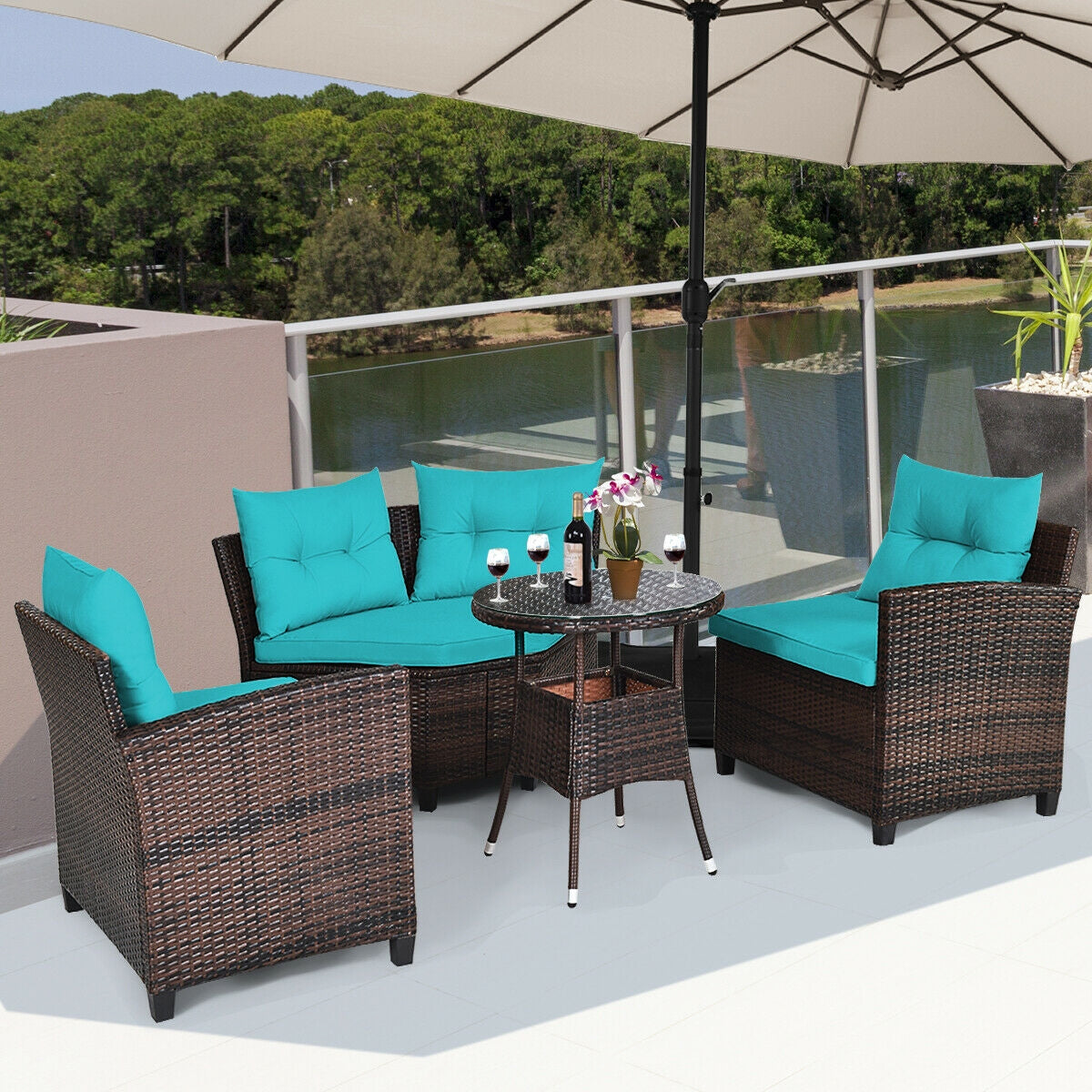 4 Pieces Furniture Patio Set Outdoor Wicker Sofa Set
