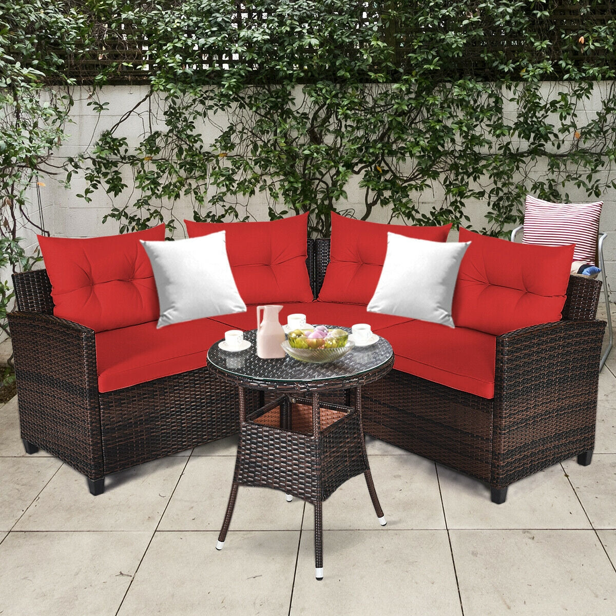 4 Pieces Furniture Patio Set Outdoor Wicker Sofa Set