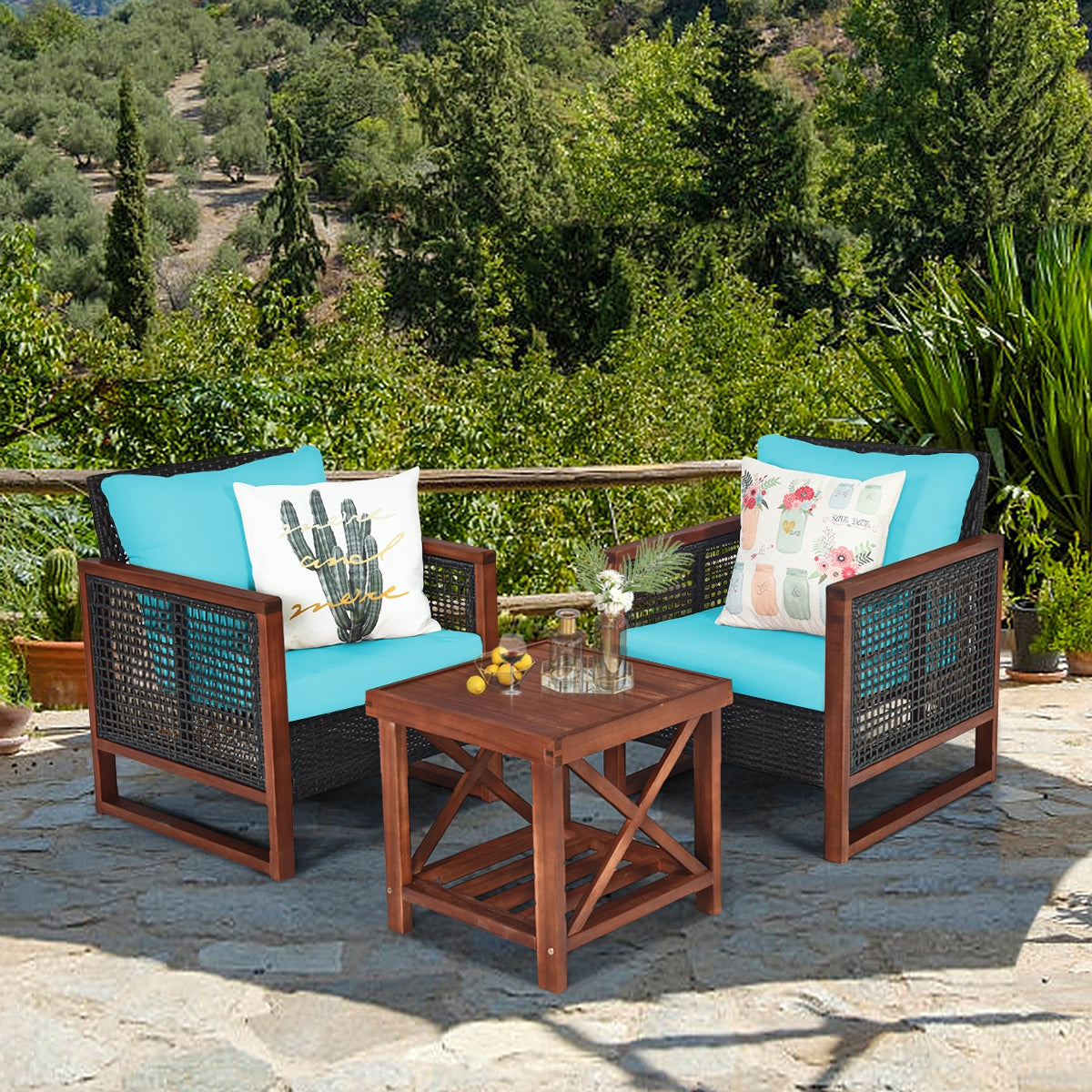 3 Pieces Patio Wicker Furniture Set with Washable Cushion and Acacia Wood Coffee Table