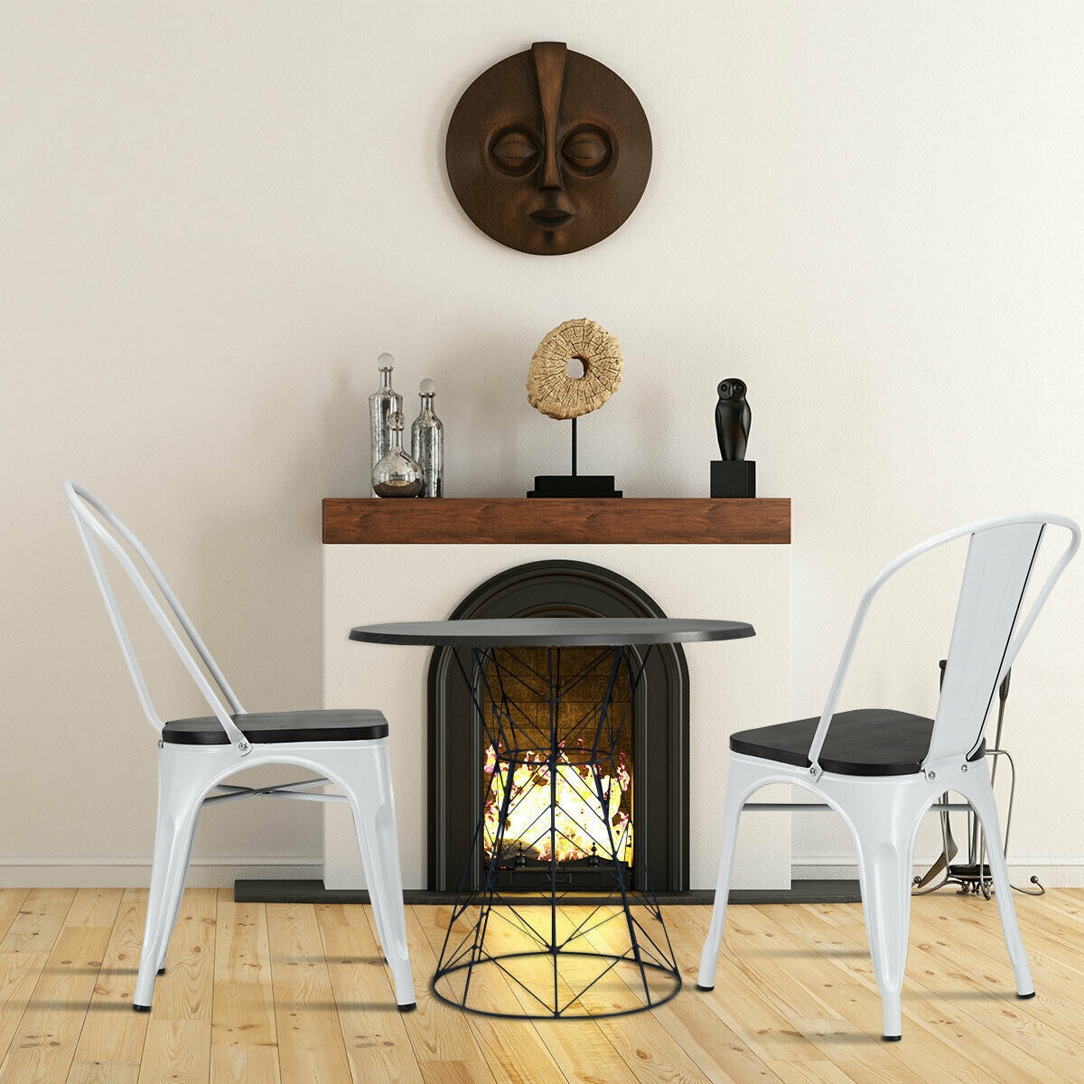 4 Pieces Tolix Style Metal Dining Side Chair Stackable Wood Seat-White