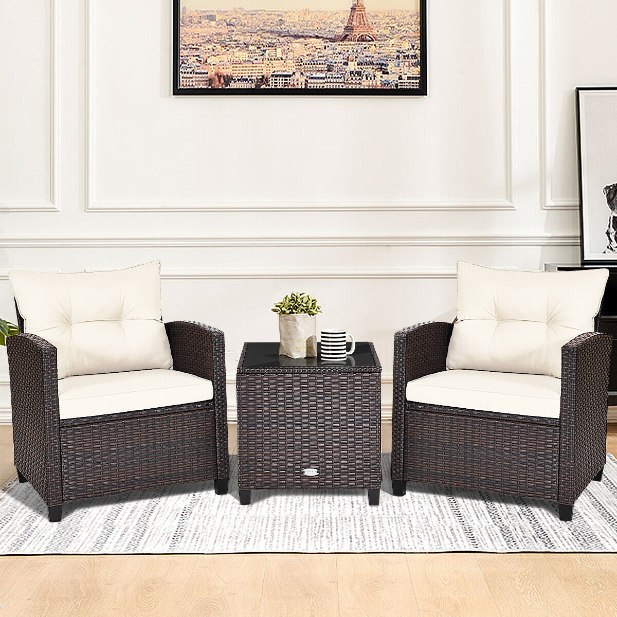 3 Pcs Patio Rattan Furniture Set Cushioned Conversation Set Coffee Table
