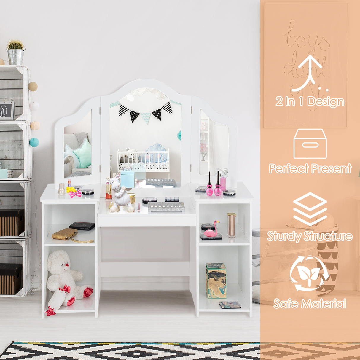 Kids Tri Folding Mirror Makeup Dressing Vanity Table Set
