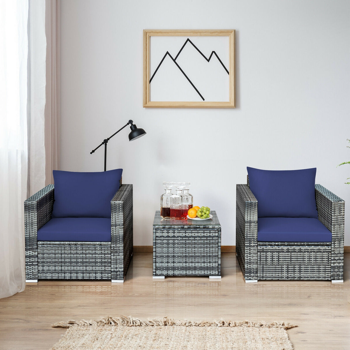 3 Pcs Patio Rattan Furniture Bistro Sofa Set with Cushioned
