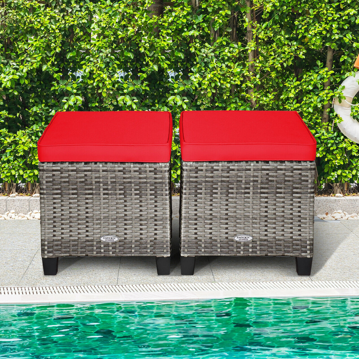 2PCS Patio Rattan Wicker Ottoman Seat with Removable Cushions