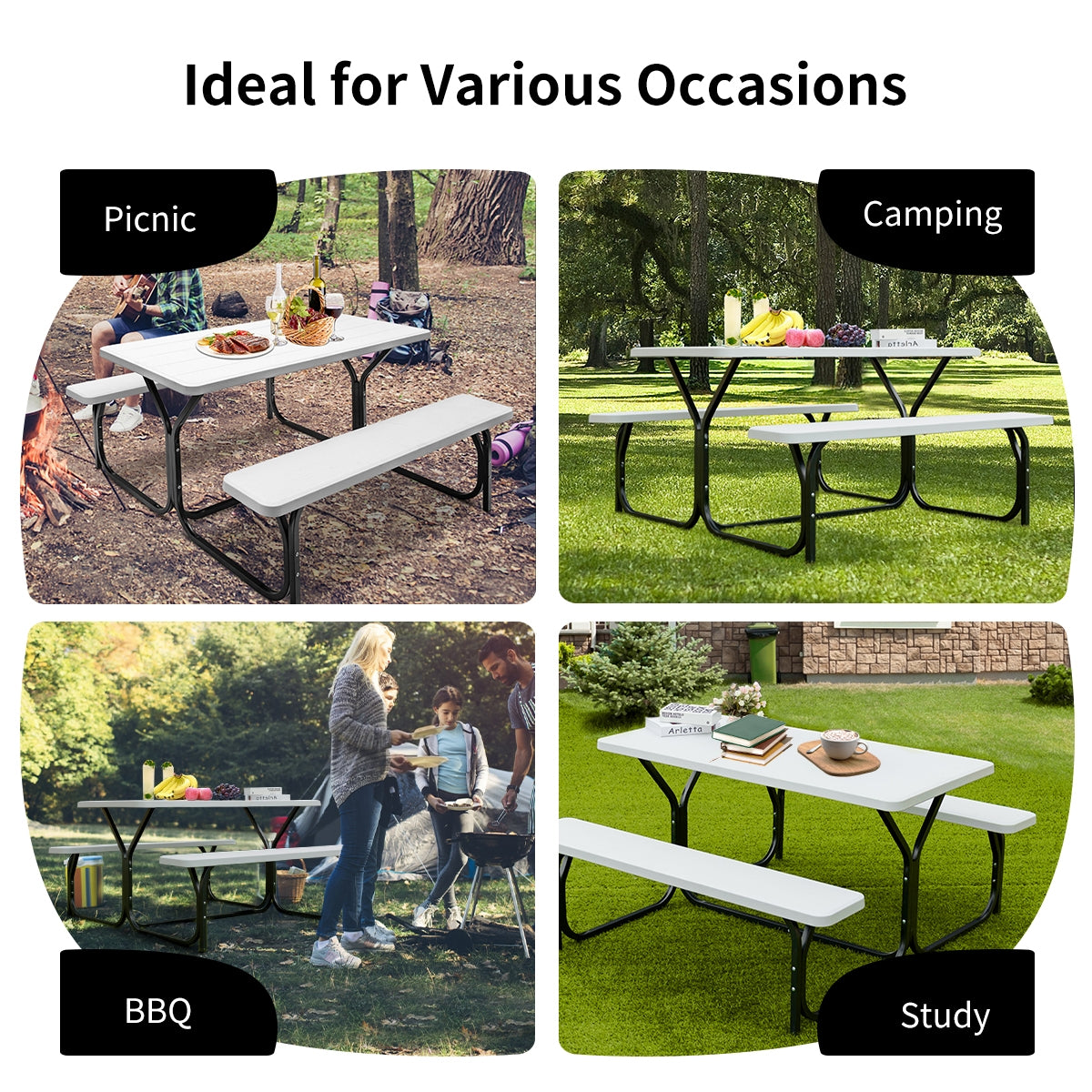 HDPE Outdoor Picnic Table Bench Set with Metal Base