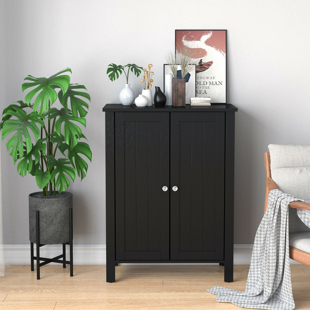 2-Door Bathroom Floor Storage Cabinet with Adjustable Shelf