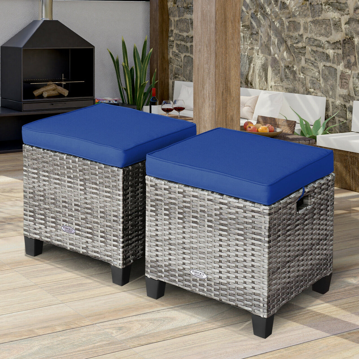 2PCS Patio Rattan Wicker Ottoman Seat with Removable Cushions