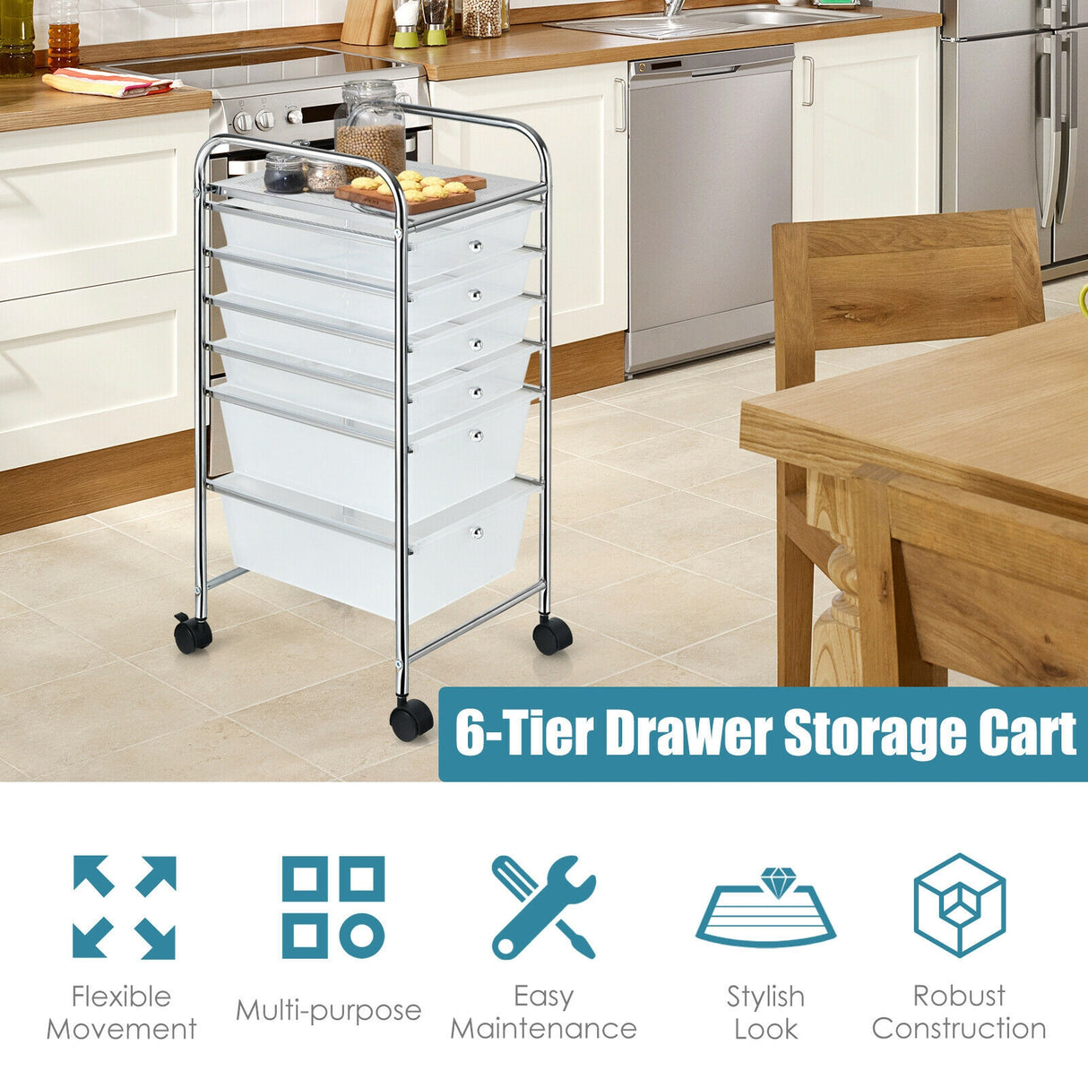 6 Drawers Rolling Storage Cart Organizer-Transparent