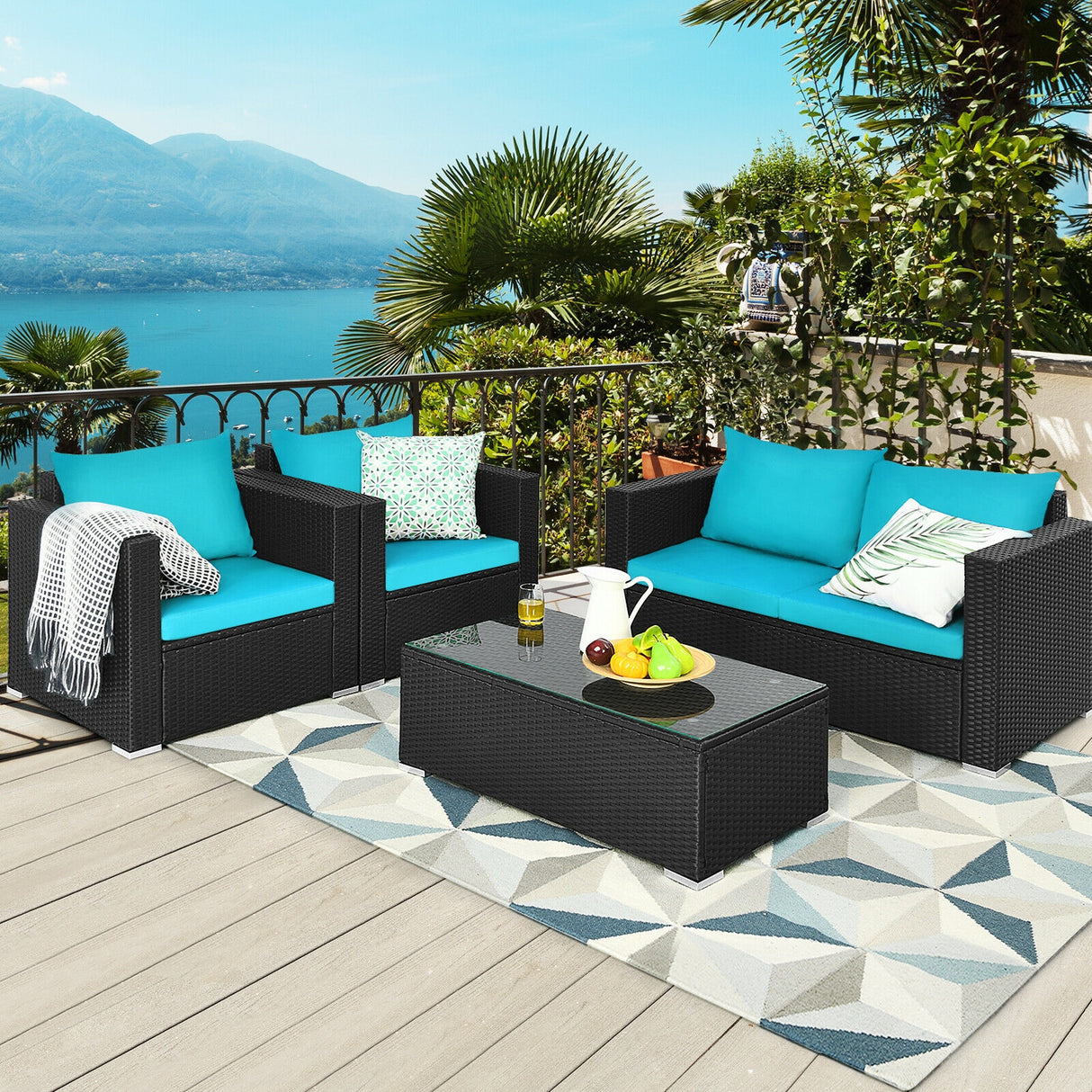4 Pieces Patio Rattan Conversation Set with Cushions and Coffee Table