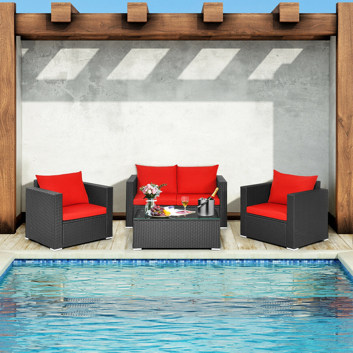 4 Pieces Patio Rattan Conversation Set with Cushions and Coffee Table