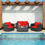 4 Pieces Patio Rattan Conversation Set with Cushions and Coffee Table