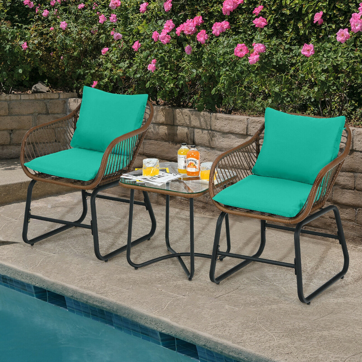 3 Pieces Patio Rattan Bistro Set Cushioned Chair Glass Table Deck